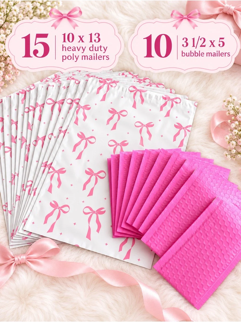 PartyBow 15-10x13 Pink Poly Mailers & 10-3.5x5 Hot Pink Bubble Mailers